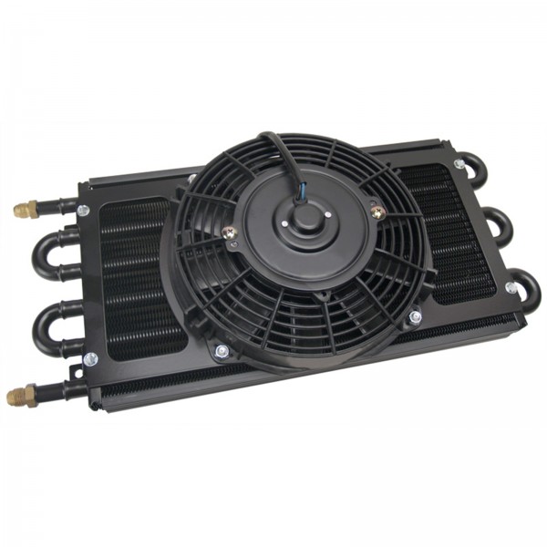 Derale Trans/Power/Fuel Cooler 12v fan 6 Pass 7-5/8"x17-1/2" -6AN Fittings