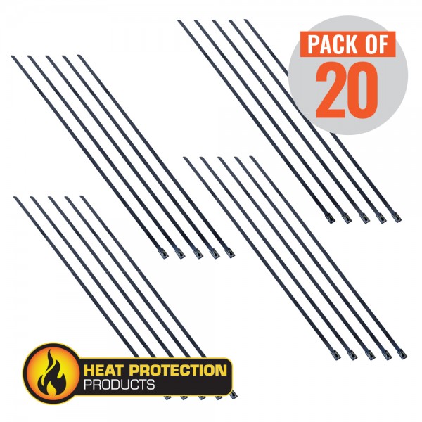 Exhaust Wrap Stainless Black Locking Ties 355mm (14 Inch) Long Heavy Duty Qty 20