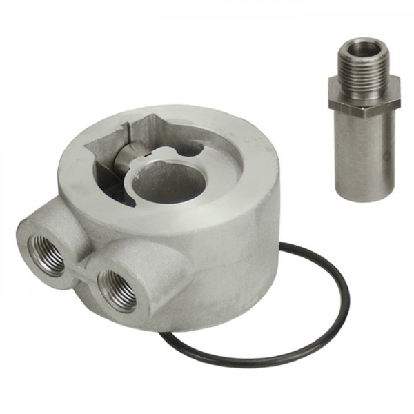 Thermostatic Engine Sandwich Adapter 3/8"NPT, 3/4"-16 Filter Thread Derale
