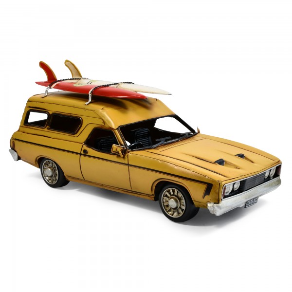 Automebelia Metal Collectable Ford 1976 XC Panel Van with Surfboard - Yellow