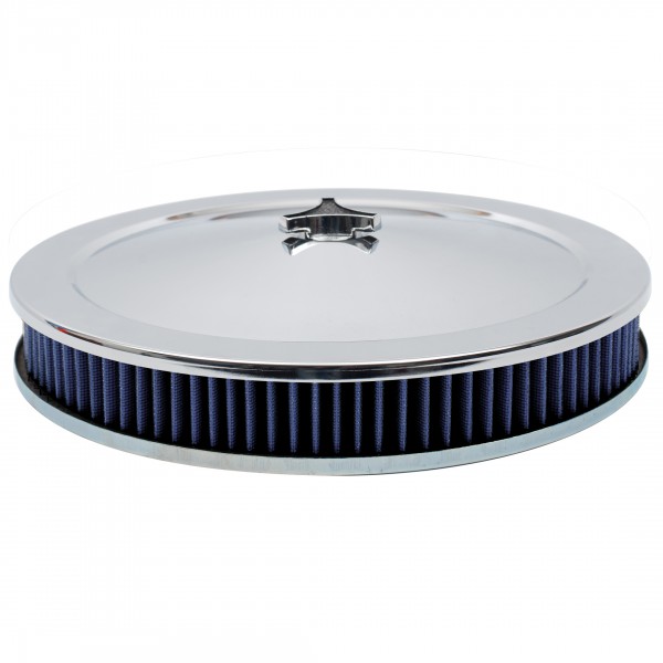 Chrome Air Filter Cleaner 14" x 2" Holley or Holden Quadrajet Base Blue Washable