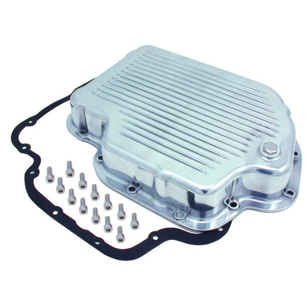 Transmission Pan GM Turbo 400 OEM Height Polished Alloy Finned with Drain Plug