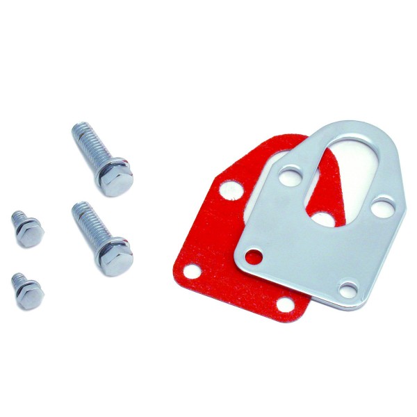 Chevrolet Small Block Chrome Fuel Pump Mounting Plate with Bolts + Gkt