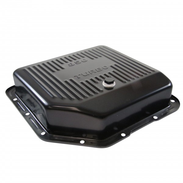 Transmission Pan GM Turbo 350 3-1/2" Deep Black Steel Finned with Drain Plug