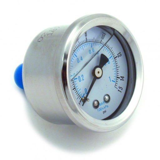 [66-082] Fuel pressure gauge Liquid Filled 0-15 lbs, 1-1/2 inch diameter, chrome bezel