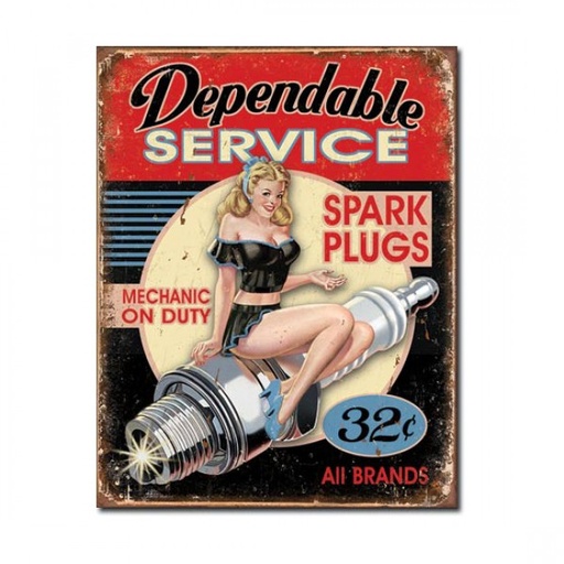 [MSI1991] Dependable Service Spark Plugs, Mechanic on Duty. Metal Sign 32cm x 41cm