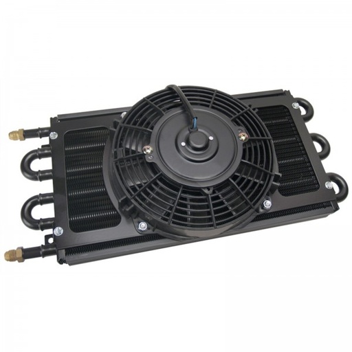 [12731] Derale Trans/Power/Fuel Cooler 12v fan 6 Pass 7-5/8"x17-1/2" -6AN Fittings