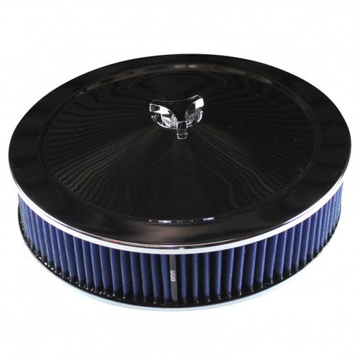 [47616] Chrome Air Filter Cleaner 14" x 3" Holley or Holden Quadrajet Base Blue Washable