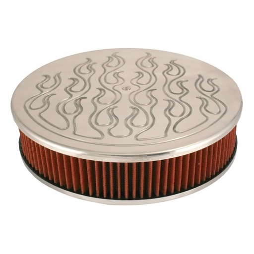 [49152] Flamed Aluminium Air Cleaner 14" x 3" Holley Edelbrock Rochester Red Filter