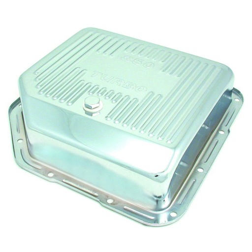 [5458] Transmission Pan GM Turbo 350 3-1/2" Deep Chrome Steel Finned with Drain Plug