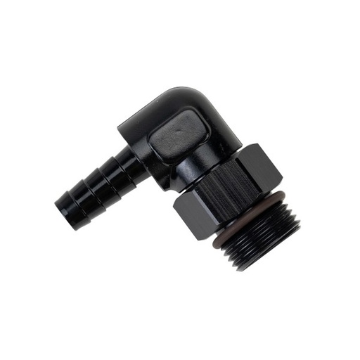 [59406] Aluminum Cooler/Adapter Fitting 90 7/8-14 UNF x 3/8" Barb Derale