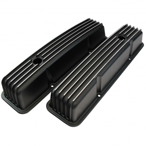 [66-480] Valve Covers Alloy Chevrolet V8 Small Block 283-400 Finned Tall Black Baffled-pr
