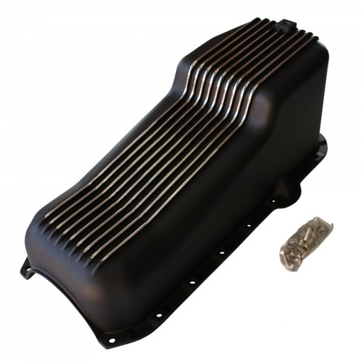 [66-680] Oil Pan Chevrolet Sm Block 283-350 1980-85 Black Alloy Finned 2pce Rear Main