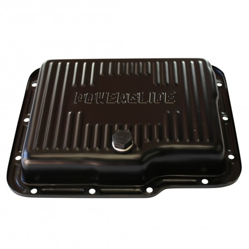 [68-550] Transmission Pan GM Powerglide OEM 2" Depth Black Steel Finned with Drain Plug
