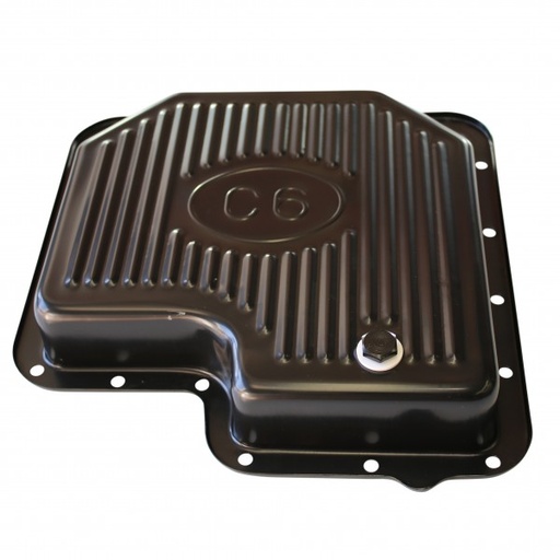 [68-559] Transmission Pan Ford C6 OEM 2-3/8" Depth Black Steel Finned with Drain Plug